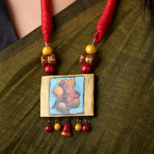 Shrishti's Handcrafted Ganesh Terracotta Necklace – Red Cord Ethnic Jewelry