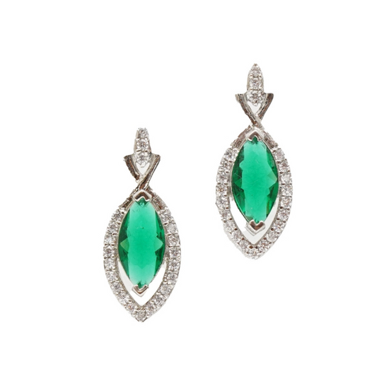 925 Silver Marquise Emerald Green Earrings with CZ Halo