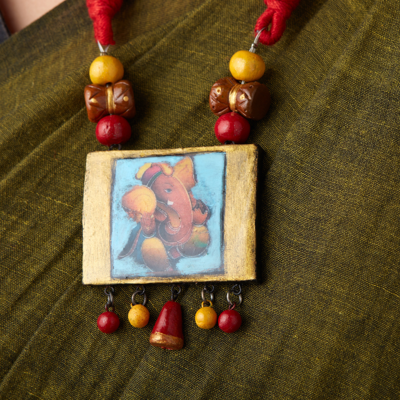 Shrishti's Handcrafted Ganesh Terracotta Necklace – Red Cord Ethnic Jewelry