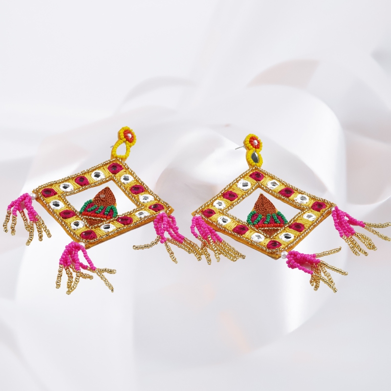 Festive Diya Mirror Frame Drops – Gold/Pink | RIAS