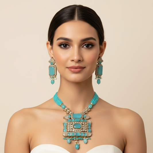 Turquoise Kundan Beaded Necklace Set with Earrings