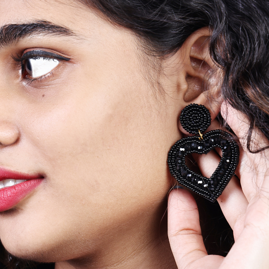 Midnight Love Handmade Black Beaded Heart Earrings