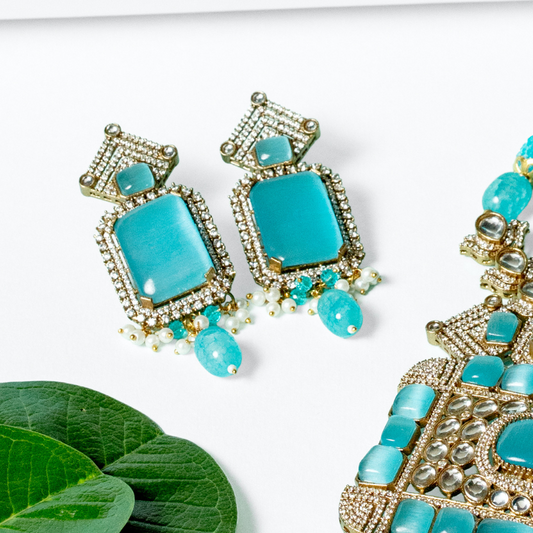 Turquoise Kundan Beaded Necklace Set with Earrings