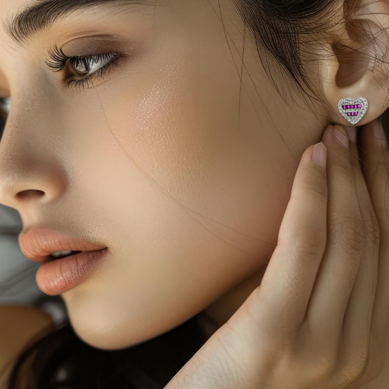 925 Silver Ruby Heart Stud Earrings