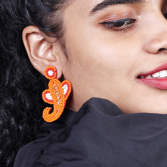 Handcrafted Orange Paisley Earrings with Beads – Festive & Boho Style