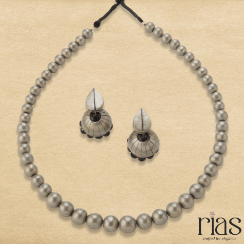 Silver Whisper – Handcrafted Bead & Jhumka Terracotta Set