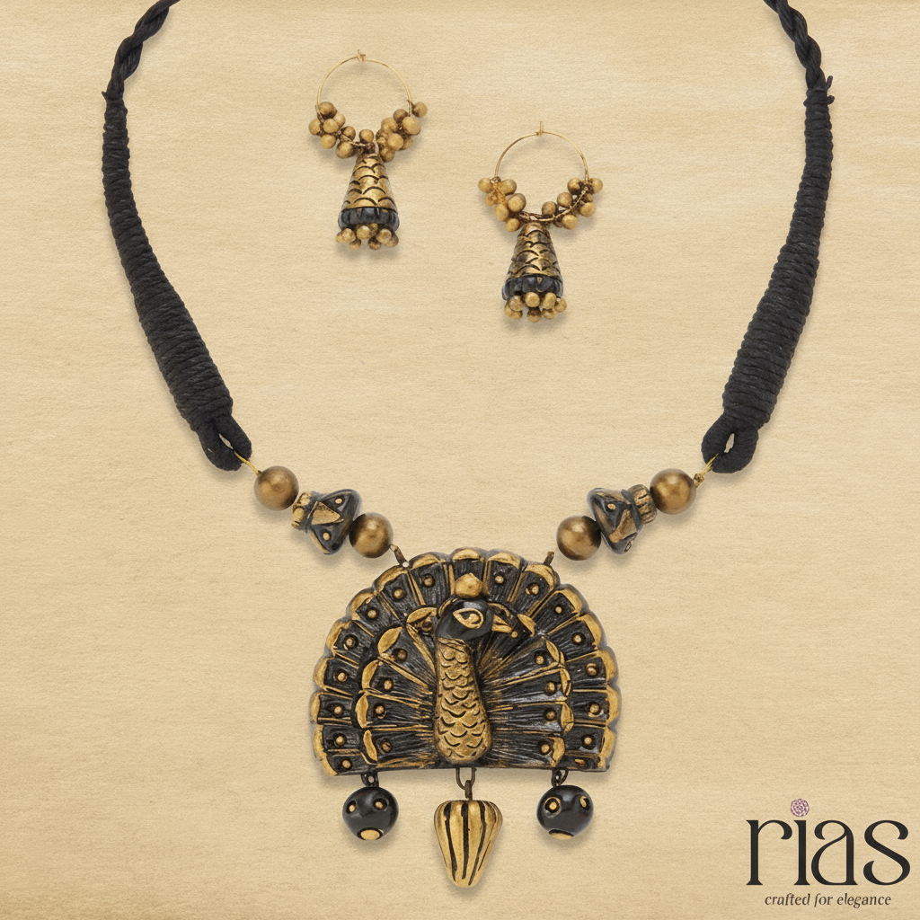 Regal Plume – Handcrafted Peacock Terracotta Jewelry Set