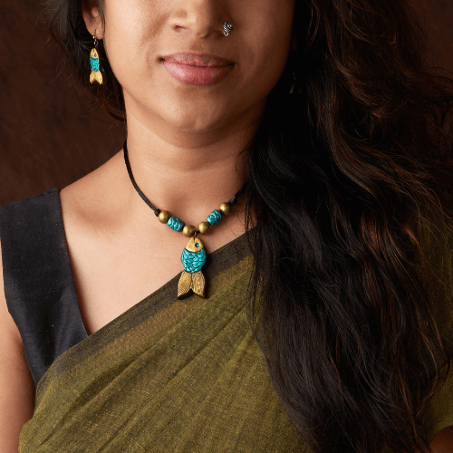 Handcrafted Blue Fish Terracotta Necklace Set