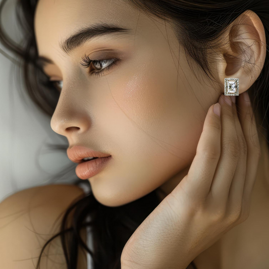 Radiant Rectangle Halo Zircon Stud Earrings – 925 Silver