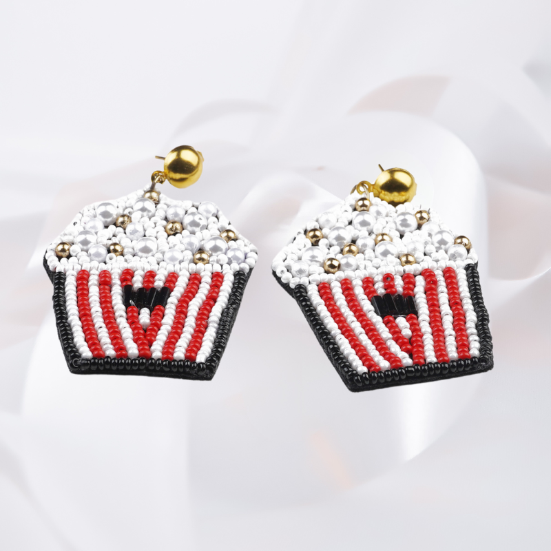 Movie Night Popcorn Bucket Handmade Beaded Earrings - Funky Statement Jewelry