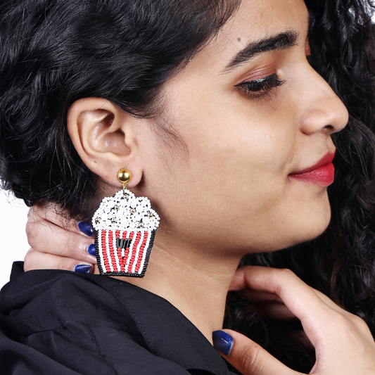 Movie Night Popcorn Bucket Handmade Beaded Earrings - Funky Statement Jewelry