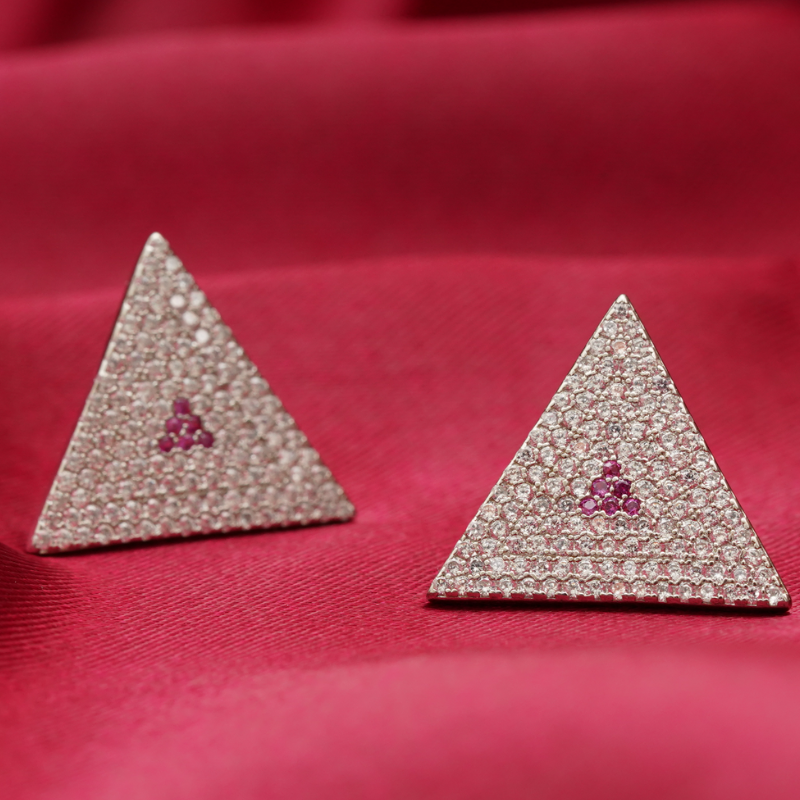 925 Silver Triangular Pyramid Earrings with CZ & Ruby Accent