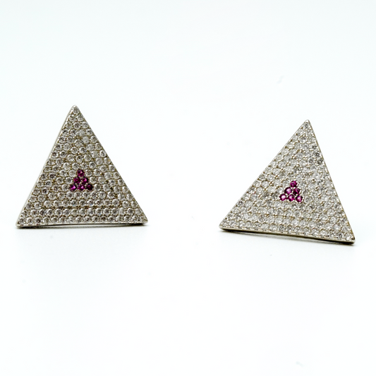 925 Silver Triangular Pyramid Earrings with CZ & Ruby Accent
