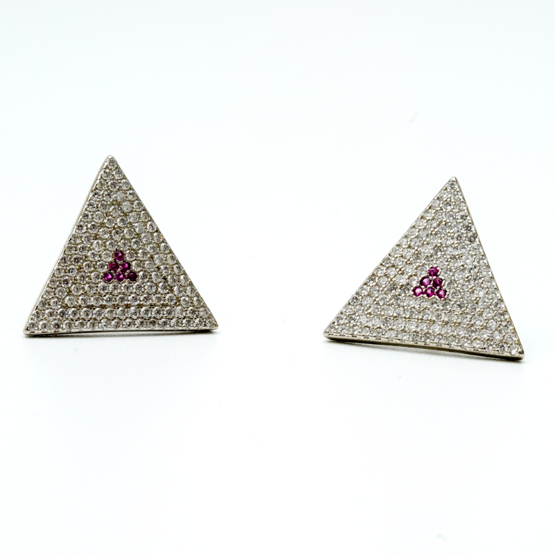 925 Silver Triangular Pyramid Earrings with CZ & Ruby Accent
