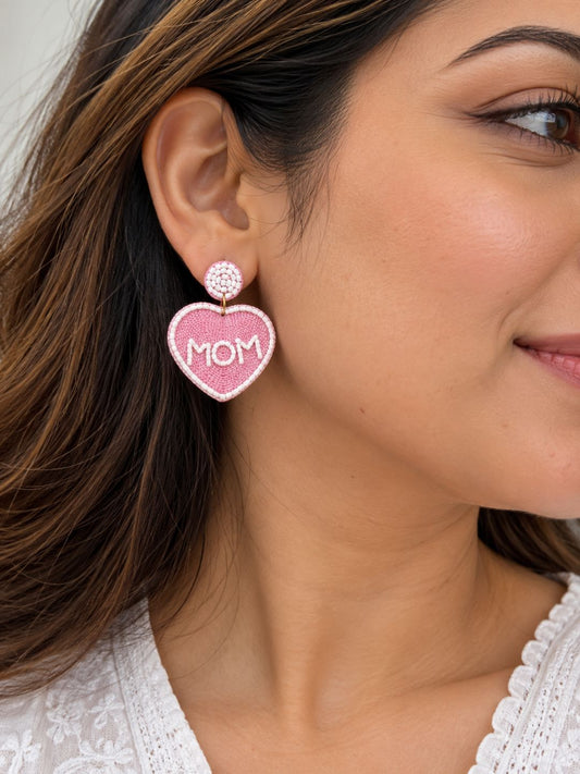 Love Heart Beaded Pink Statement Earrings