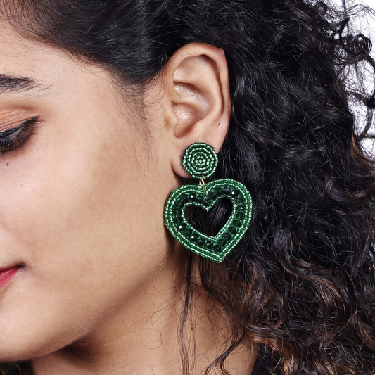 Emerald Heart Beaded Earrings – Handcrafted Statement Style