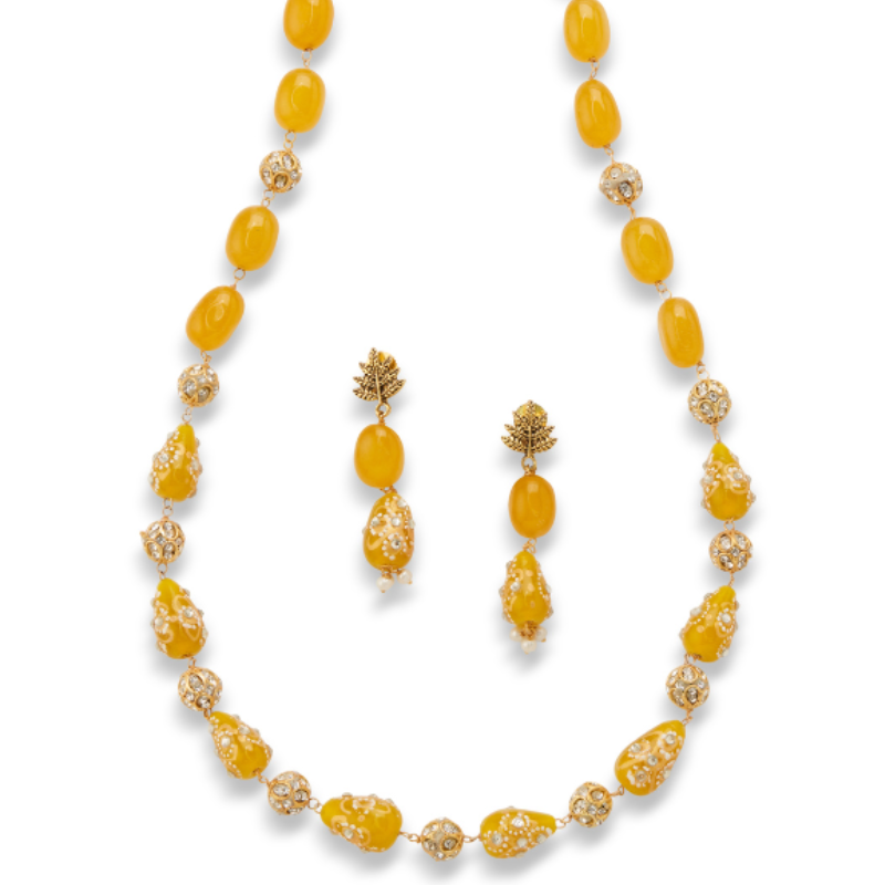Kanika's Yellow Beaded Kundan Necklace Set with Earrings – Festive Ethnic Jewelry