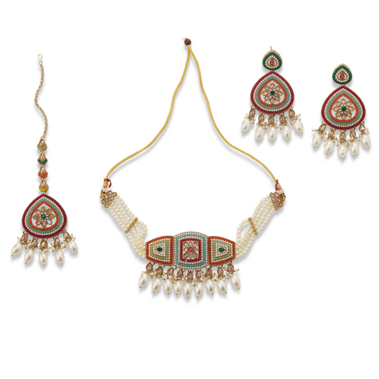 Padmavati Pearl & Meenakari Choker Necklace Set with Earrings and Maang Tikka – Heritage Bridal Jewelry