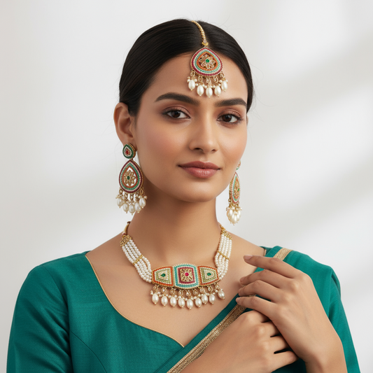 Padmavati Pearl & Meenakari Choker Necklace Set with Earrings and Maang Tikka – Heritage Bridal Jewelry