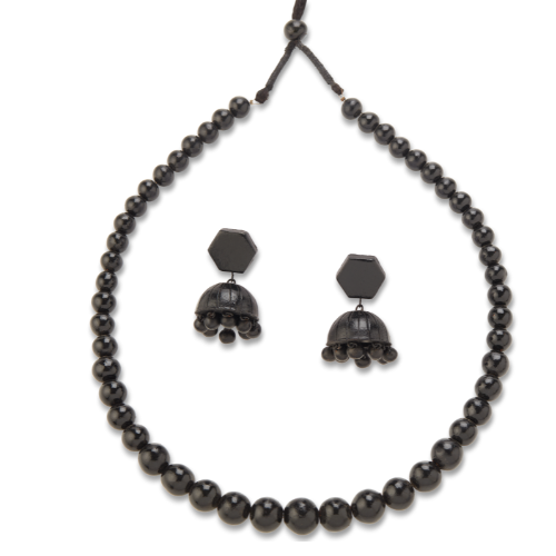 Noir Charm – Handcrafted Terracotta Bead & Jhumka Set