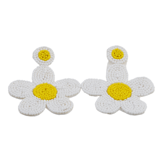 Hand-Beaded Daisy Earrings – White & Yellow