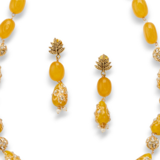 Kanika's Yellow Beaded Kundan Necklace Set with Earrings – Festive Ethnic Jewelry