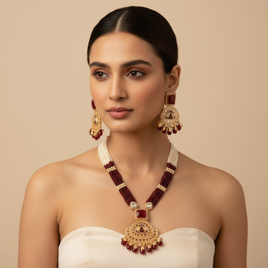 Charulata's Red & Pearl Kundan Meenakari Necklace Set with Earrings – Heritage Bridal Jewelry