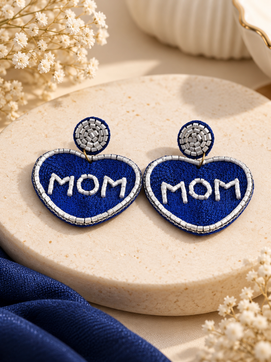 Blue Heart MOM Beaded Statement Earrings