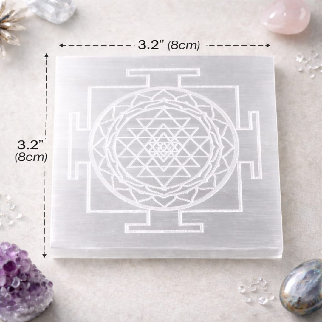 Selenite personal charging plate with Sri Yantra engraving for crystal care