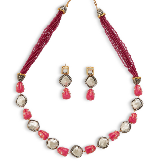 Ruby pink and mother of pearl inspired necklace set