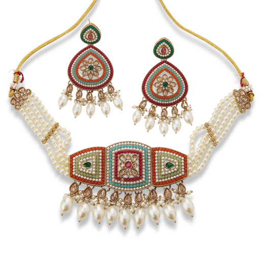 Padmavati Pearl & Meenakari Choker Necklace Set with Earrings and Maang Tikka – Heritage Bridal Jewelry