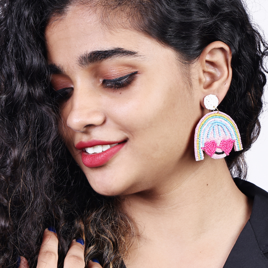 Rainbow Emoji Handmade Beaded Earrings – Heart Eyes Statement Jewelry by RIAS