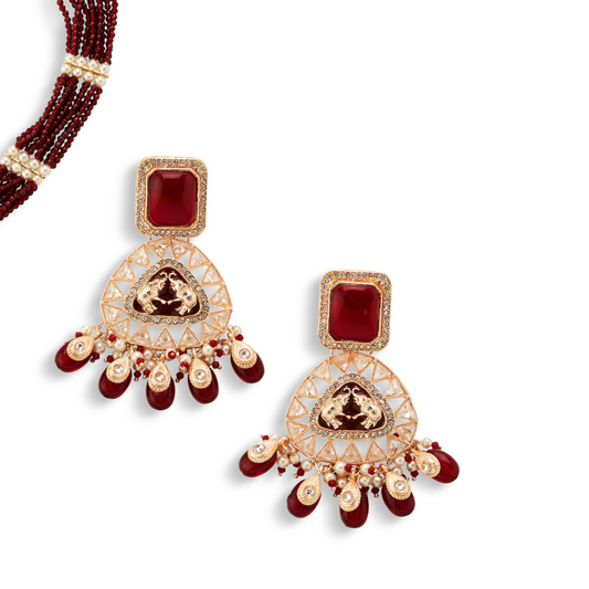 Charulata's Red & Pearl Kundan Meenakari Necklace Set with Earrings – Heritage Bridal Jewelry