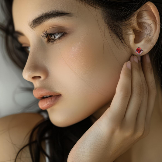 925 Silver Princess-Cut Red Garnet Stud Earrings