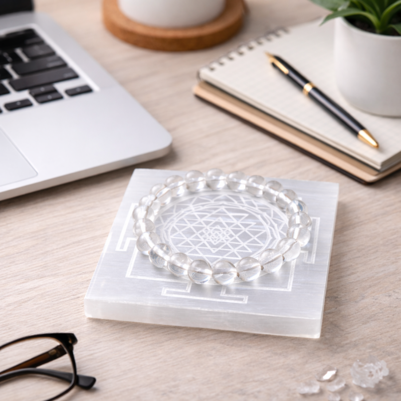 Selenite Plate & Clear Quartz Bracelet Combo for Cleansing