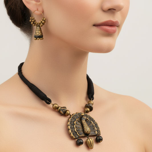 Regal Plume – Handcrafted Peacock Terracotta Jewelry Set