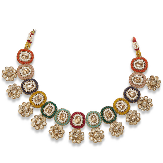 Kanika Multicolor Kundan Polki Necklace Set with Jhumkas & Maang Tikka – Bridal Ethnic Jewelry