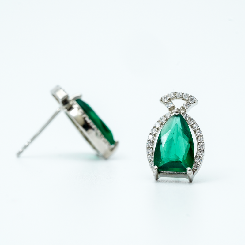 925 Silver Emerald Teardrop Earrings with Zircon Accents
