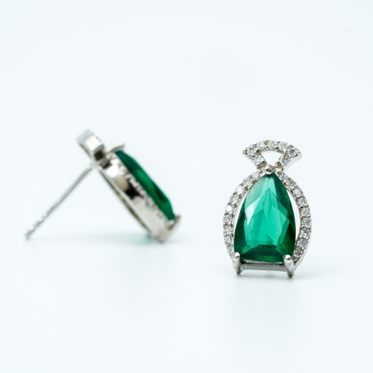 925 Silver Emerald Teardrop Earrings with Zircon Accents