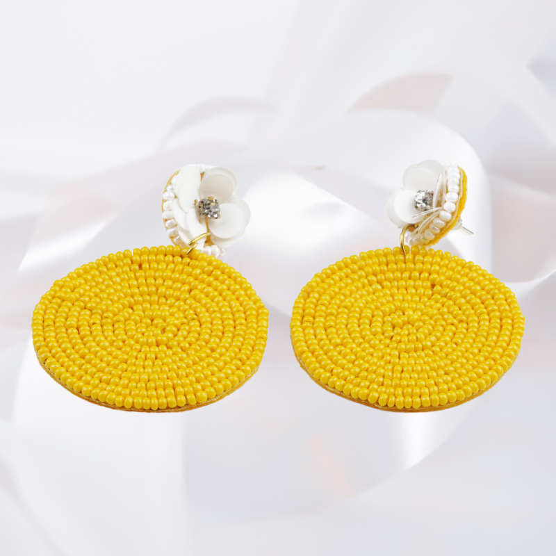 Sunny Bloom Handmade Yellow Beaded Earrings with Floral Stud