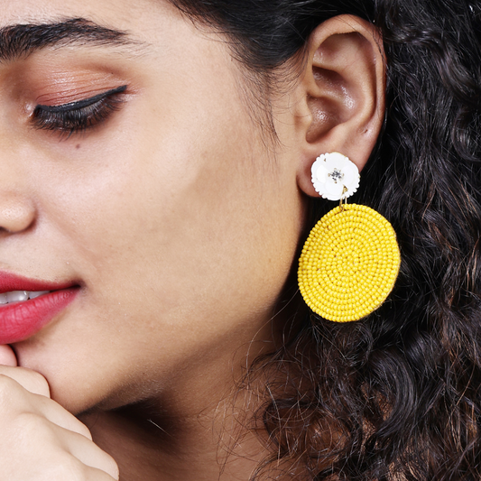 Sunny Bloom Handmade Yellow Beaded Earrings with Floral Stud