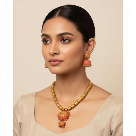Amara's Handcrafted Terracotta Floral Necklace Set