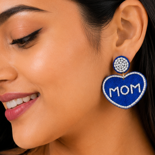 Blue Heart MOM Beaded Statement Earrings