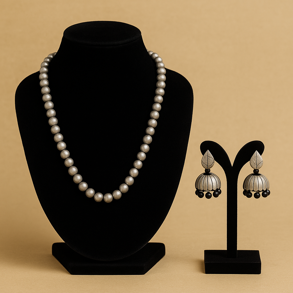 Silver Whisper – Handcrafted Bead & Jhumka Terracotta Set