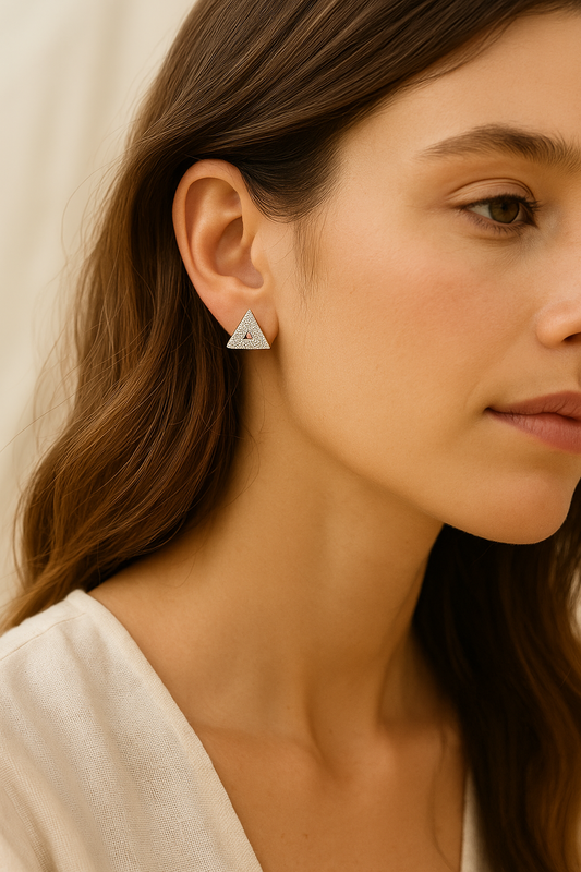 925 Silver Triangular Pyramid Earrings with CZ & Ruby Accent