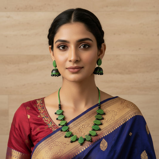 Prakriti's Green Leaf Terracotta Necklace Set with Earrings – Handcrafted Ethnic Jewelry