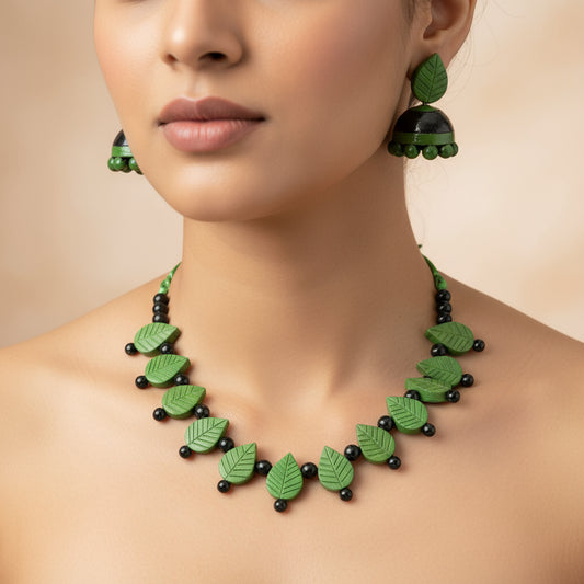 Prakriti's Green Leaf Terracotta Necklace Set with Earrings – Handcrafted Ethnic Jewelry