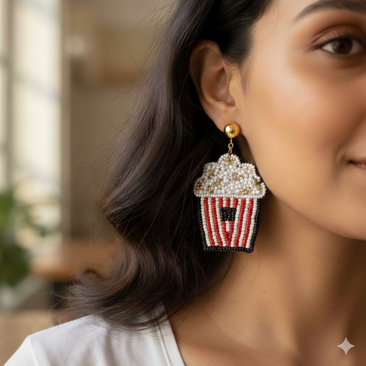 Movie Night Popcorn Bucket Handmade Beaded Earrings - Funky Statement Jewelry