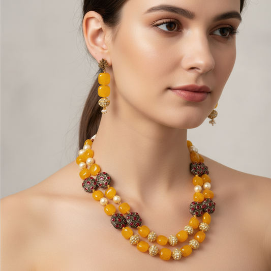 Amrapali Yellow Beaded Kundan Necklace Set with Earrings - Festive Haldi & Wedding Jewelry