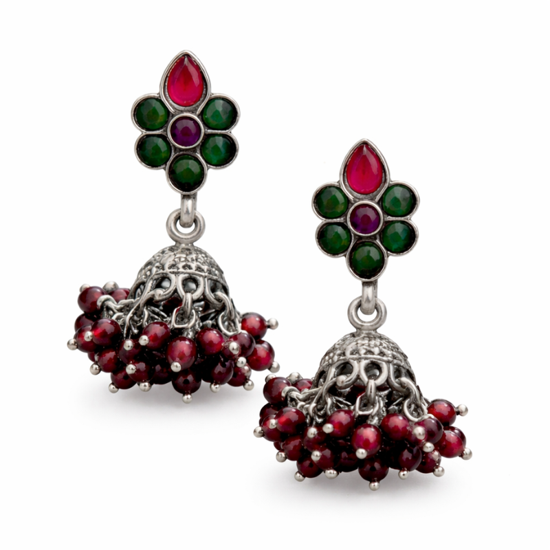 RIAS Ruby Bloom 925 Silver Jhumkas